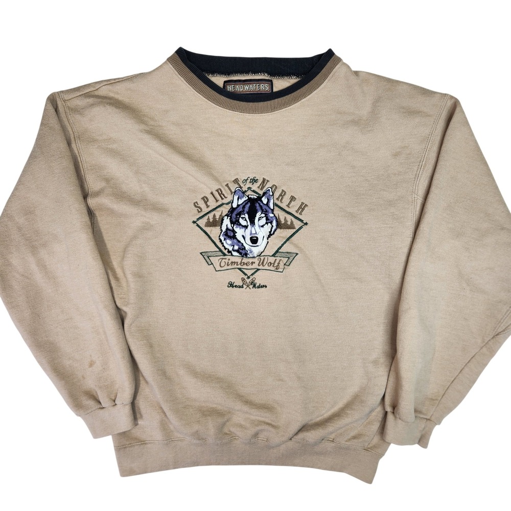 Headwaters Spirit of the North Timber Wolf Graphic Sweatshirt Tan Mens Large